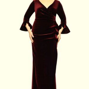 Xscape Burgundy Wine Velvet V-Neck Long Sleeve Gown